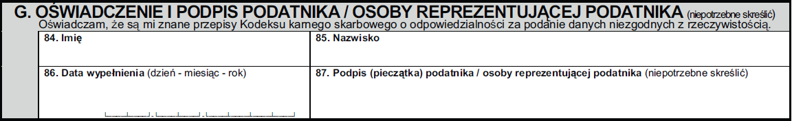 Część F. INFORMACJA O ZAŁĄCZNIKACH W poz. 83 należy wpisać liczbę składanych załączników DT-1/A. Część G.