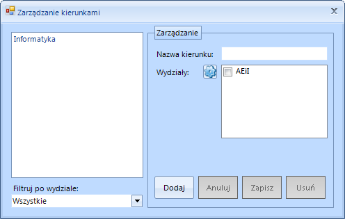 3.4.1 Dodawanie wydziału W celu dodania nowego wydziału należy wpisać jego nazwę w pole Nazwa wydziału, a następnie kliknąć przycisk Dodaj.