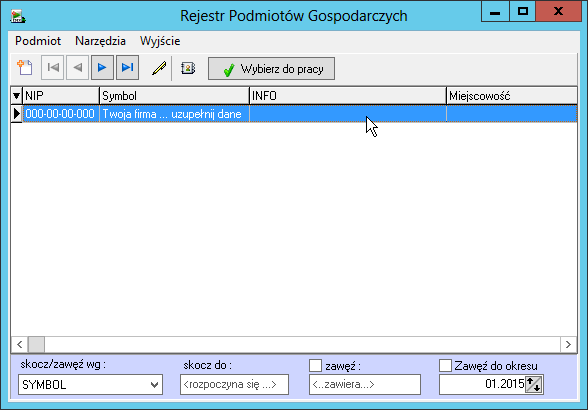 Wybieranie Podmiotu w kontekście której będziemy pracować. Do pracy wybieramy Podmiot przyciskiem Wybierz do pracy.