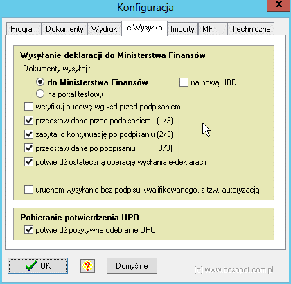 Zakładka e-wysyłka : tutaj ustawiamy najważniejsze : czy dokumenty będą wysyłane do Ministerstwa Finansów (e-mf) czy na portal testowy, oraz czy na nową Uniwersalną Bramkę Dokumentów UBD.