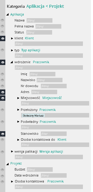 Zagłębianie się w eksplorowaniu do dowolnego poziomu Możliwe jest filtrowanie danych po atrybutach, jak i po powiązanych do dowolnego poziomu obiektach (np.