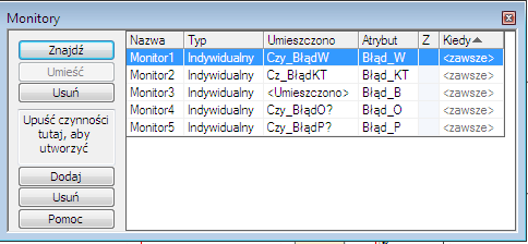 Rysunek 11 Monitory wraz z przyporządkowanymi atrybutami transakcji Zgodnie z ustawieniami w zakładce Atrybuty w razie wystąpienia błędu projektowego lub produkcyjnego