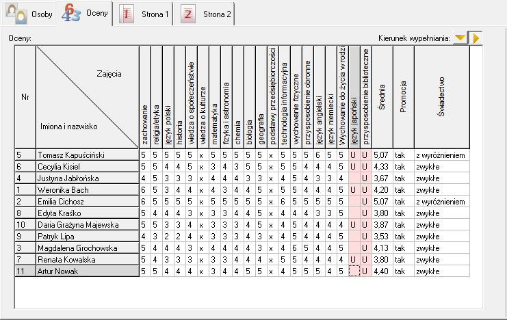 Przygotowanie świadectw 17 Rysunek 17. Wypełniona tabela ocen Zwród uwagę, że program automatycznie wylicza średnią ocen i informuje, czy uczeo kwalifikuje się do otrzymania świadectwa z wyróżnieniem.