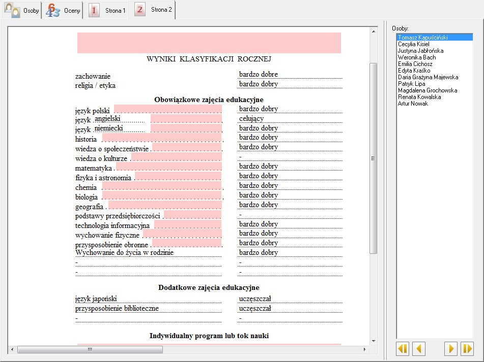 18 Materiały dla użytkownika Rysunek 18. Okno programu Świadectwa Optivum karta Strona 1 2. Obejrzyj pierwsze strony świadectw wszystkich osób skorzystaj z przycisków umieszczonych poniżej listy osób.