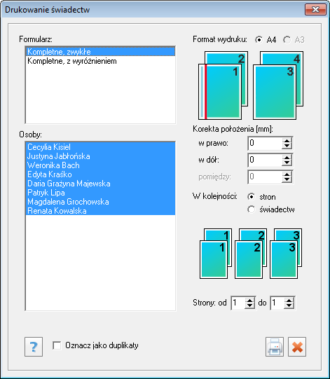 20 Materiały dla użytkownika Rysunek 22. Okno dialogowe Drukowanie świadectw 3. Kliknij przycisk i obejrzyj przygotowane wydruki w przeglądarce. 4.