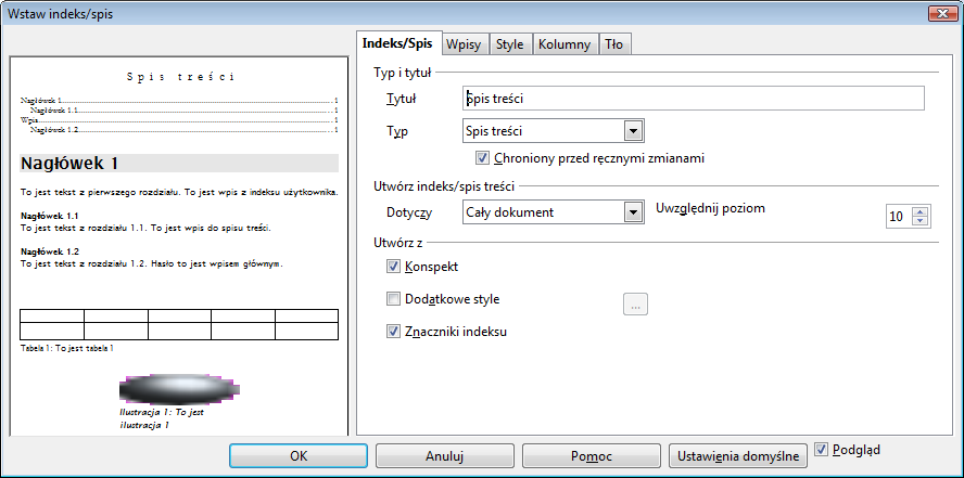 Instrukcja tworzenia spisu treści w programie Write: 1. Stajemy kursorem w miejscu, w którym ma się rozpocząć spis treści. 2. Wybieramy z menu Wstaw pozycję Indeksy i spisy Indeksy i spisy... 3.