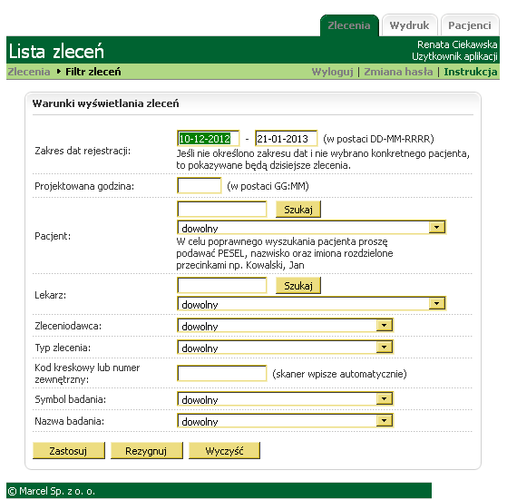 Zlecenia Przeglądanie zleceń Zlecenia w aplikacji przedstawiane są w postaci listy. Jej zawartość ograniczona jest uprawnieniami zalogowanego użytkownika (np.