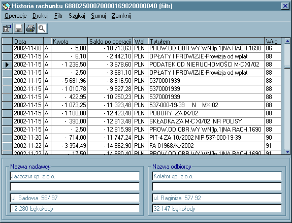 Historia przegląd historii operacji na tym rachunku.