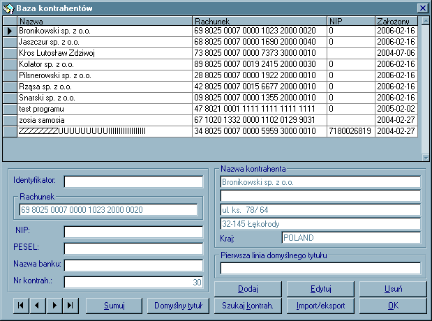 6. Menu Bazy danych 6.1 Kontrahenci Opcja umożliwia utworzenie listy kontrahentów wykorzystywanych przy wprowadzaniu przelewów zwykłych.