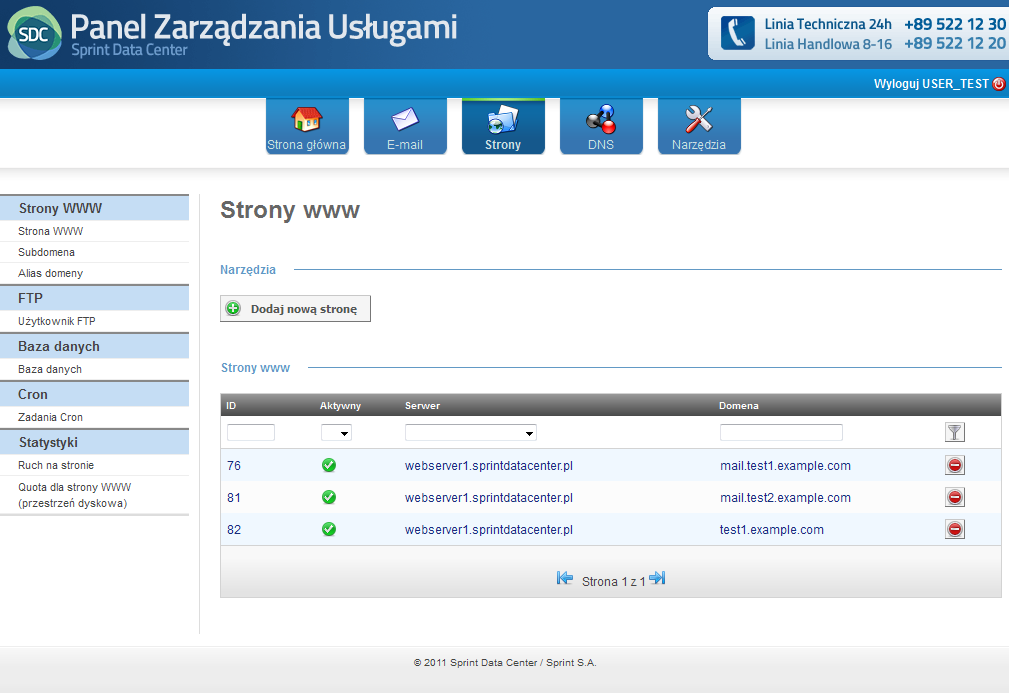 Moduł Strony Moduł Strony umożliwia tworzenie i zarządzanie stronami WWW, subdomenami, kontami FTP, bazami danych, zadaniami Cron oraz przeglądanie statystyk dla stron WWW.