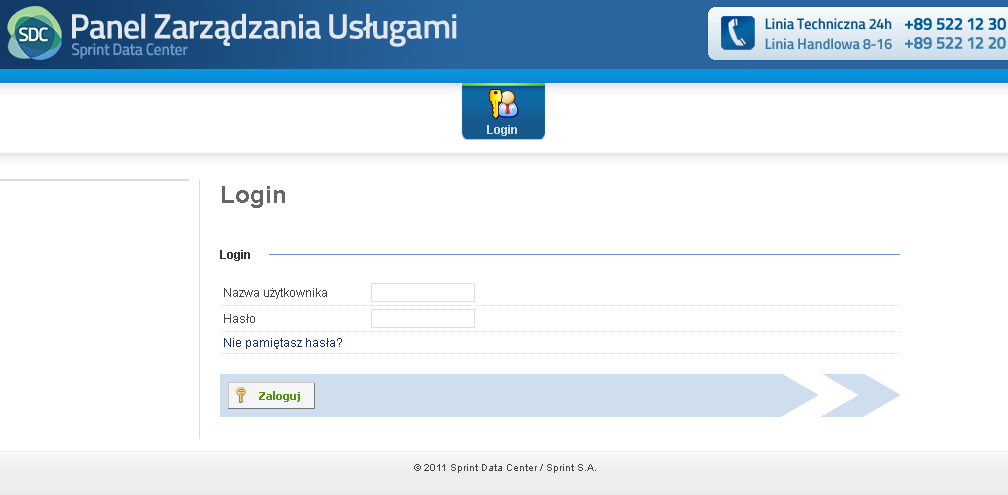 Logowanie do Panelu Zarządzania Usługami Logowanie do Panelu Zarządzania Usługami jest możliwe z adresu https://panel.sprintdatacenter.pl/. Pojawi się okno jak na rysunku Rysunek 1.