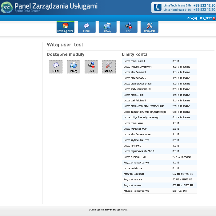 Strona Główna Strona główna widoczna jest po zalogowaniu do panelu kontrolnego. Widnieją na niej informacje dotyczące limitów konta (zależne od wybranego pakietu) oraz stopnia ich wykorzystania.