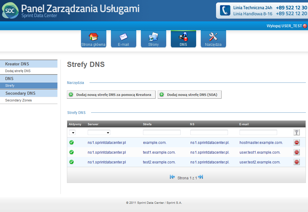 Rysunek 42 Moduł DNS, Strefy DNS Aby dodać strefę ręcznie należy z pozycji widocznej na rysunku Rysunek 42 nacisnąć przycisk Dodaj nową strefę DNS (SOA). Pojawi się okno jak na rysunku Rysunek 43.