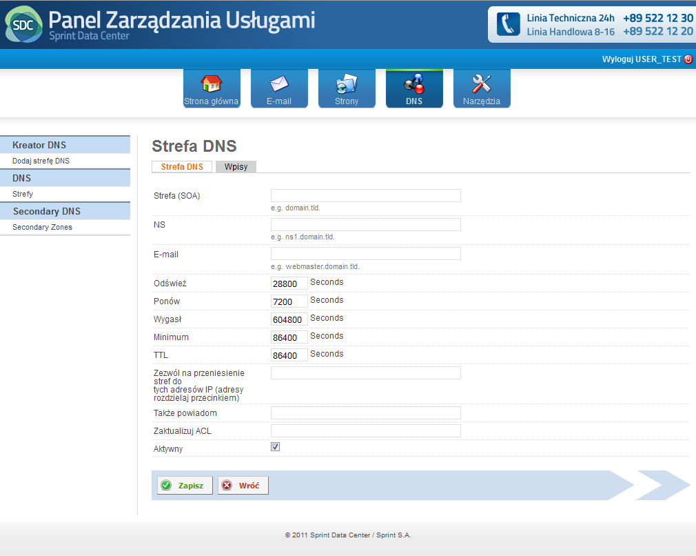 Rysunek 43 Moduł DNS, Strefy DNS, dodawanie nowej /edycja istniejącej strefy DNS, zakładka Strefa DNS Zakładka Strefa DNS W zakładce Strefa DNS możliwe jest ręczne wpisanie rekordu SOA (Start Of