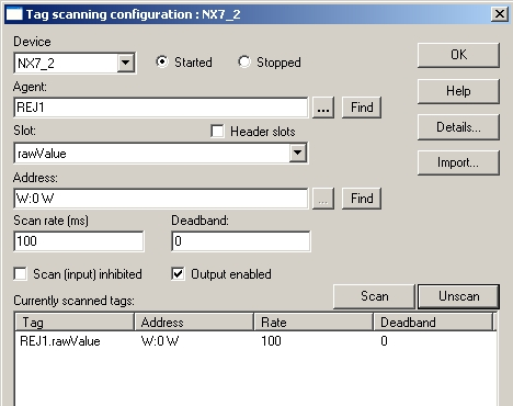 Najpierw wybieramy z listy nasze urządzenie NX7_2, następnie wpisujemy adres W0, w polu Scan rate podajemy 100 ms, zaznaczamy opcję Output enabled i klikamy na przycisk Scan.