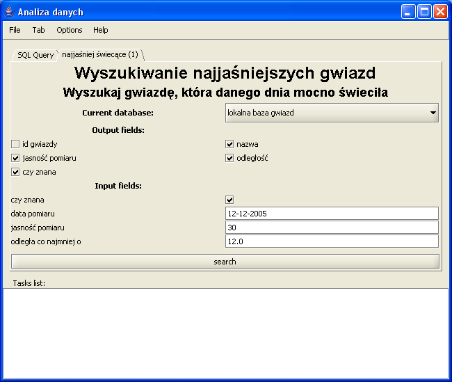 Rysunek 5.3: Aplikacja gotowa do wykonania akcji wyszukiwania. 5.5.3. Użyte technologie Do komunikacji z bazą danych aplikacja wykorzystuje technologię JDBC (zob.