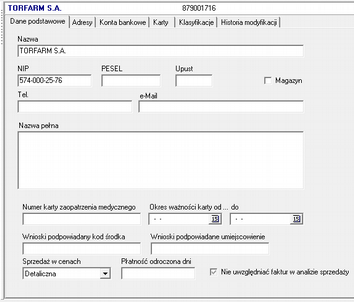 Infofarm dla marketu medycznego podręcznik użytkownika Zakładka Dane podstawowe Rysunek 3-6 Podstawowe dane o kontrahencie.