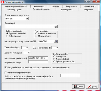 Infofarm dla marketu medycznego podręcznik użytkownika Zdefiniuj listę i parametry dostawców. Ewentualnie ustaw parametry techniczne zamawiania. 6.1.4.