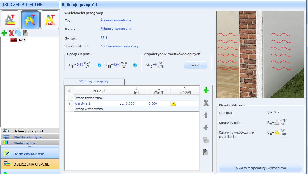 Wybór nowego materiału Wykres temperatury i wykroplenia w przegrodzie Rysunek 6. Sposób dodawania nowych przegród i warstw (materiałów) do projektu.