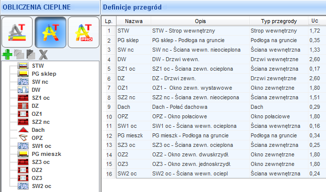 16 Rysunek 6. Typy przegród występujące w budynku. DEFINIOWANIE PRZEGRÓD 1. Kliknij zielony krzyżyk, umieszczony po lewej stronie okienka, rys. 6 (strzałka). 2.