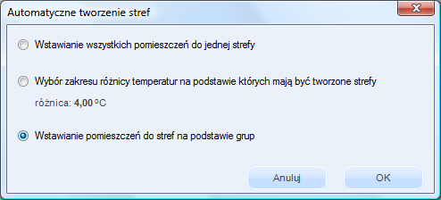 39 Rysunek 42. Okienko wygenerowane po kliknięciu na ikoną. OPIS: Wstawianie wszystkich pomieszczeń do jednej strefy - opcja przydatna dla budynków jednofunkcyjnych, np.