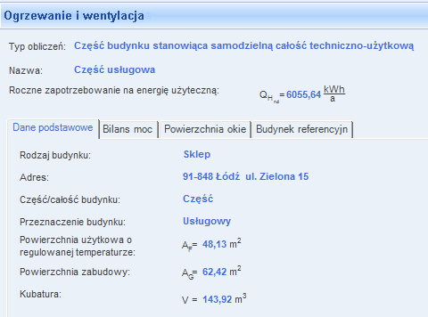 54 8. Zaznacz element Część usługowa, aby określić parametry dla sklepu, rys. 74: - z listy Typ raportu wybierz: Część budynku stanow. samodz. całość tech.