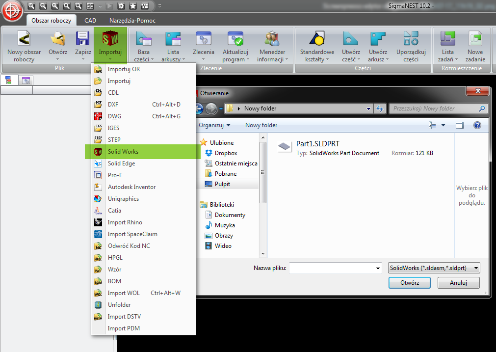 W celu zaimportowania części z zamodelowanym fazowaniem konieczne jest wybranie opcji [Importuj SolidWorks ], a następnie odnalezienie jej lokalizacji na dysku.