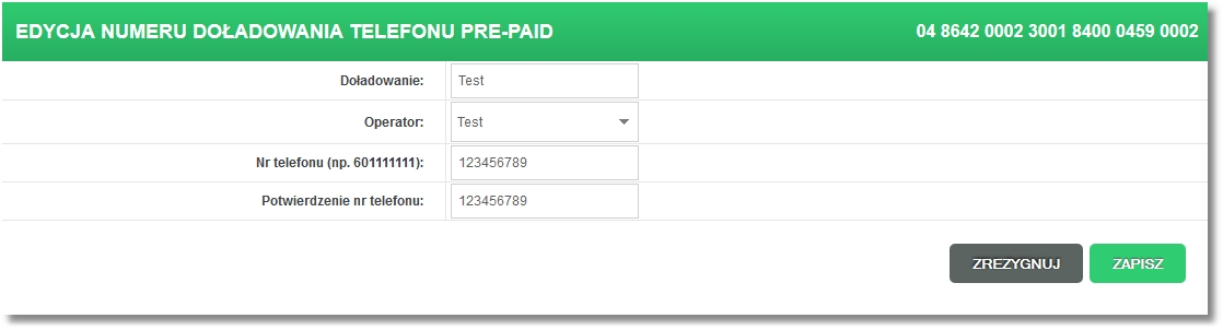 Rozdział 13 Doładowania telef onów W przypadku edycji numeru doładowania telefonu pre-paid zostanie otwarte okno: W obu przypadkach formatka będzie zawierać następujące dane: pole z etykietą