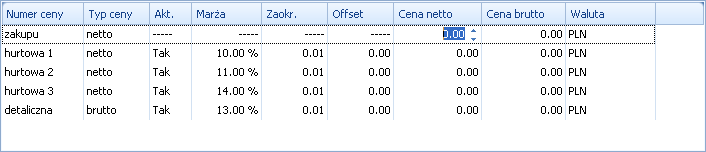 W tym celu klikamy w odpowiednie pole dwukrotnie. Zauważmy, że jeżeli wypełnimy okienko zakupu-cena netto ( na rysunku podświetlone) pozostałe ceny uzupełnią się same, lecz z możliwością ich edycji.