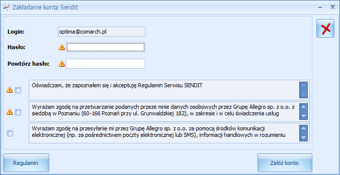 Konfiguracja Współpraca z Sendit Aby zarejestrować nowe konto, należy wybrać opcję Załóż konto w Sendit: Zakładanie konta Sendit Adres e-mail jest przenoszony z okna konfiguracji i staje się loginem