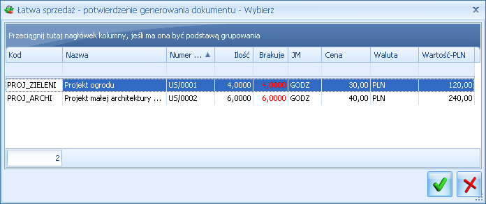 Rys. Łatwa sprzedaż - generowanie dokumentu Po wyborze typu dokumentu wyświetla się okno z listą wszystkich zaznaczonych towarów/usług, ich ilością i wartością sprzedaży.