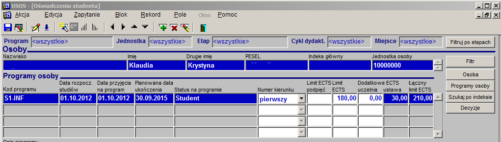 Rysunek 4 Formularz Oświadczenia studenta z danymi potrzebnymi do kontroli uprawnienia do studiów bezpłatnych Kolejne pole to obowiązujący studenta limit ECTS podpięć.