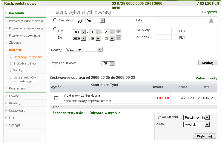 Można również dodatkowo sprecyzować historię wykonanych operacji na wybranym rachunku zawężając zakres szukanych operacji poprzez włącznie filtra Pokaż filtr, widoczny w prawym górnym rogu: podanie