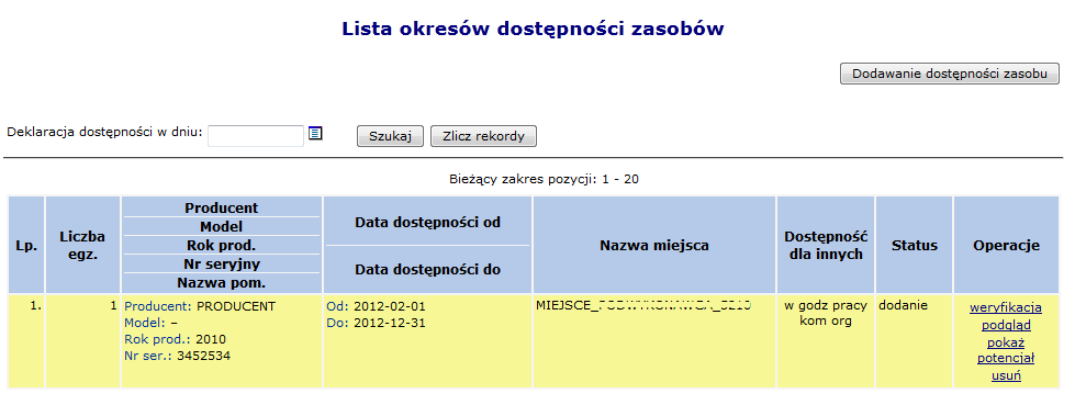 Skróci się czas od oraz do w potencjale lub też miejsca w umowie Aby dokonać weryfikacji poszczególnych pozycji należy w pierwszej kolejności skorzystać z opcji Okresy dostępności, która umożliwia