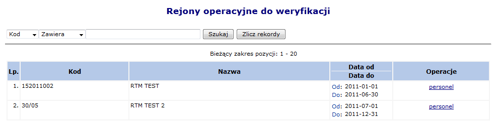 Rys. 9.20 Zgłoszenia zmian do umowy z zakresu RTM W nowo otwartym oknie pojawia się rejony operacyjne, których części składowe (personel medyczny) wymaga weryfikacji.