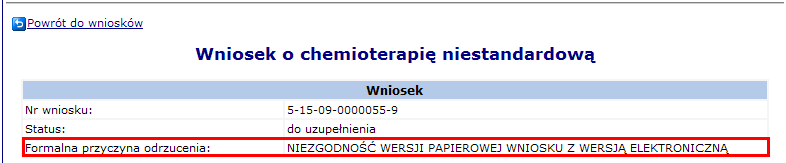 Krok 5 Podsumowanie Po uzupełnieniu we wniosku wszystkich danych wyświetlane jest okno Podsumowania zawierające: Dane świadczeniodawcy składającego wniosek, Dane świadczeniobiorcy, Opis świadczenia z