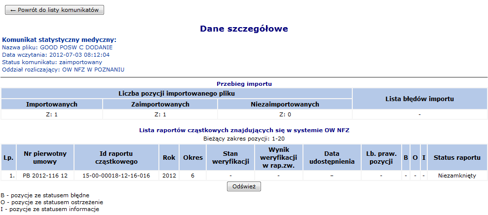 - SZOI plik został przekazany na serwer dostępowy OW NFZ za pośrednictwem systemu SZOI Nazwę pliku nadaną przez świadczeniodawcę Id wewnętrzne pliku Status wczytanego pliku: - przesłany na serwer