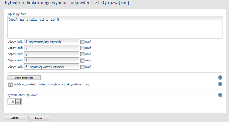 Wybieramy pytanie JEDNOKROTNEGO WYBORU ODPOWIEDZI Z LISTY ROZWIJALNEJ: Tworzymy pytanie JEDNOKROTNEGO WYBORU ODPOWIEDZI Z LISTY ROZWIJALNEJ: Wpisujemy skalę punktów, w jakiej mają byd oceniane