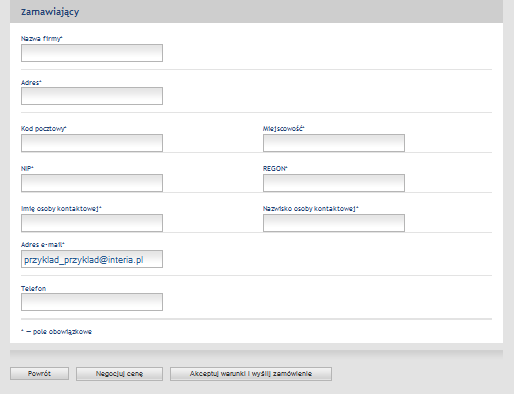 Widoczny obok formularz z danymi zamawiającego, należy uzupełnid w celu złożenia zamówienia. Adres e-mail jest wpisany domyślnie, możesz go zmienid.