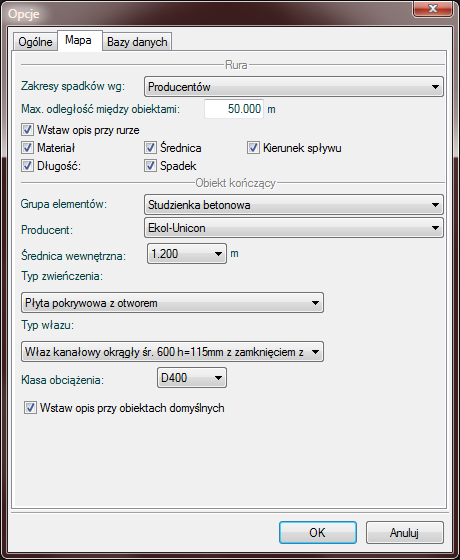 Rys. 9. Okno Opcje, zakładka Mapa Zakładka ta służy do ustawienia domyślnych parametrów projektu.