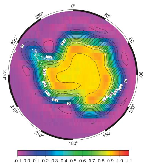 Rozwiązanie z kosmosu: grawitacja Comiesięczne trzyletnie pomiary grawitacji Antarktydy (zdefiniowanej po lewej) za pomocą satelitów GRACE (Gravity Recovery and Climate Experiment) wskazują na
