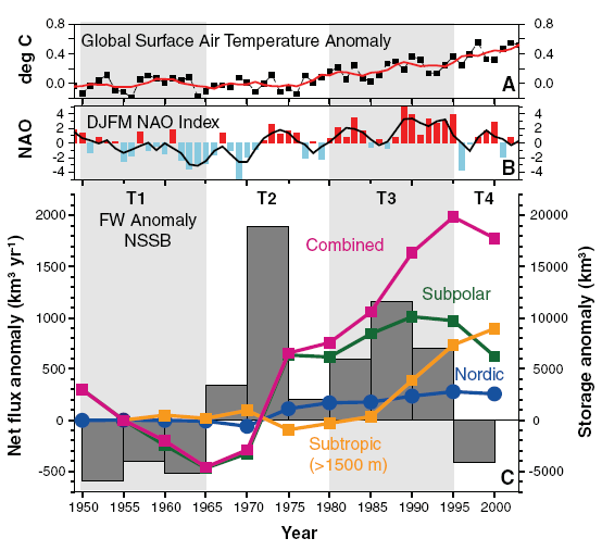 Dopływ słodkiej wody Dopływ słodkiej wody z rzek syberyjskich zwiększył się o 7% między 1936 a 1999 r. Anomalia ta koreluje zarówno z temperaturą jak NAO.