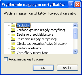 Można również wybrać samodzielnie magazyn, do którego zostanie przypisany importowany certyfikat. W tym celu należy zaznaczyć Umieść wszystkie certyfikaty w następującym magazynie i wybrać Przeglądaj.