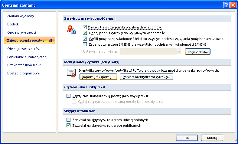 Rysunek 18: Menu Narzędzia -> Opcje, programu pocztowego Microsoft Outlook 2007 W nowo otwartym oknie Opcje wybieramy zakładkę Zabezpieczenia poczty e-mail z drzewa po lewej stronie.