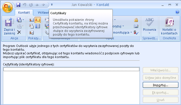 Ukaże się okno Kontakt. W zakładce Ogólne wpisujemy informacje o osobie, której certyfikat będzie importowany.