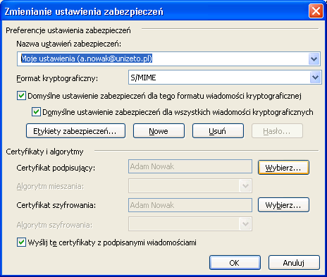 Rysunek 2: Okno Centrum zaufania, zakładka Zabezpieczenia poczty e-mail, wybór ustawień W części okna Zaszyfrowana wiadomość