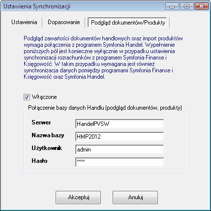 Synchronizacja 5 5 Rys. 5-5 Okno Ustawienia Synchronizacji, zakładka Podgląd dokumentów/produkty.