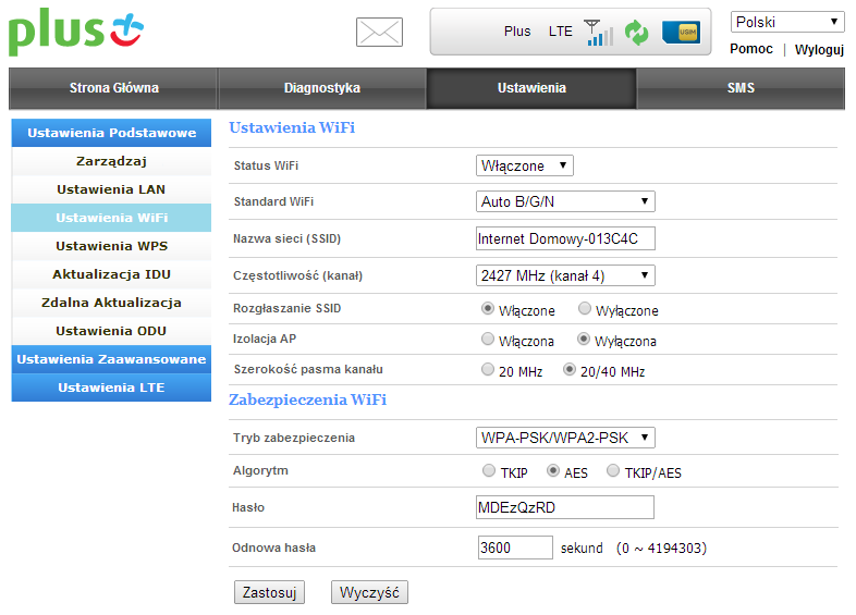 izolacja AP szerokości pasma pracy Wi-Fi Zabezpieczenia Wi-Fi Tryb zabezpieczeń pozwala wybrać możliwe metody zabezpieczenia sieci Wi-Fi takie jak: WPA-PSK, WPA2-PSK (domyślne), WPA- PSK/WPA2-PSK