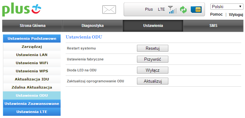 Ustawienia ODU W zakładce Ustawienia ODU można wykonać: restart modemu zewnętrznego ODU-100 klikając na przycisk Resetuj, przywrócić ustawienia fabryczne urządzenia ODU klikając na