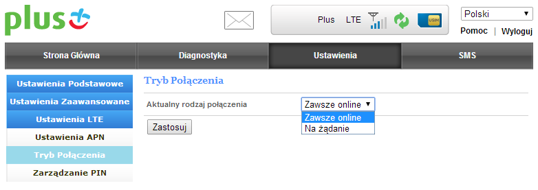 Tryb połączenia W zakładce Tryb Połączenia możemy zmienić tryb domyślnego połączenia z Internetem.